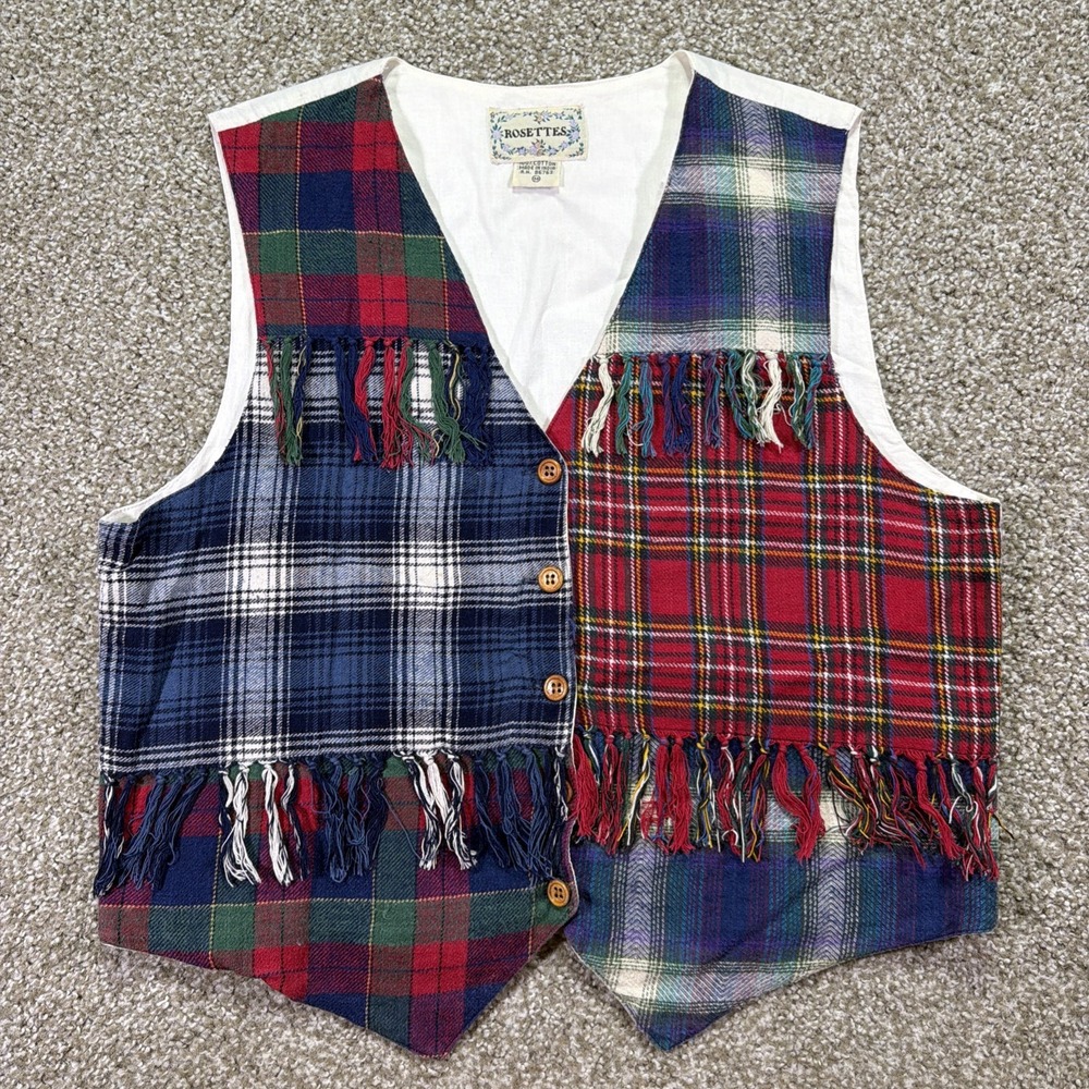 Women's Flannel Patchwork Vest Medium 90s Novelty Cottagecore Rosettes Classic